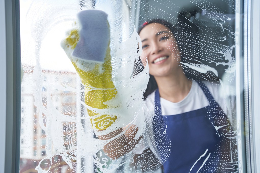 Professional cleaner washing a window