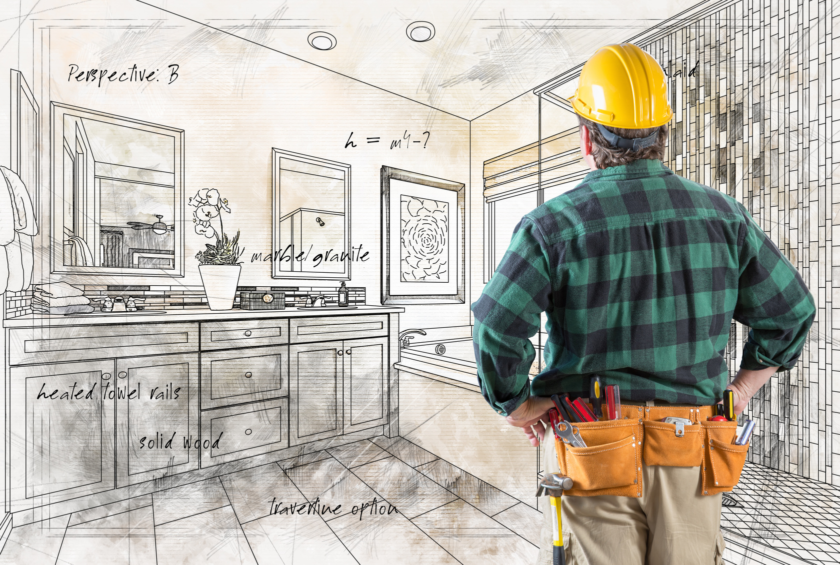 Contractor reviewing a bathroom design drawing
